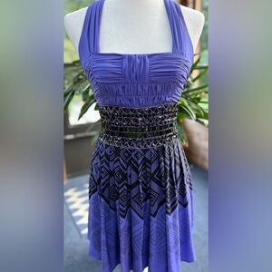 EUC Bebe silk criss-cross back straps dress w/beaded bodice. XS